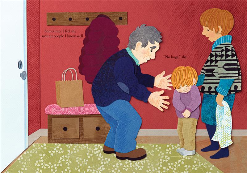  A puffy burgundy jacket hangs on the wall above a brown paper bag placed on a bench in the entryway. The shy child's grandfather, an older man with light skin tone, bends and reaches his arms out toward the shy child, who scrunches their shoulders up to their ears. The shy child's mother, with medium-light skin tone, gently rests her hand on their shoulder. Text states “Sometimes I feel shy around people I know well. ‘No hugs,’ shy”. 