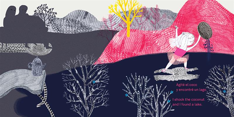  Black and pink hill ranges overlap each other. Trees in black, pink, and yellow are on the hills. A girl wearing a pink tutu holds a coconut in one hand over her head. A table with bendy legs has a teapot on top. The silhouette of a man and a woman on a couch are in the back, and only their eyes show. Text: I shook the coconut and I found a lake. Text is also in Spanish. 