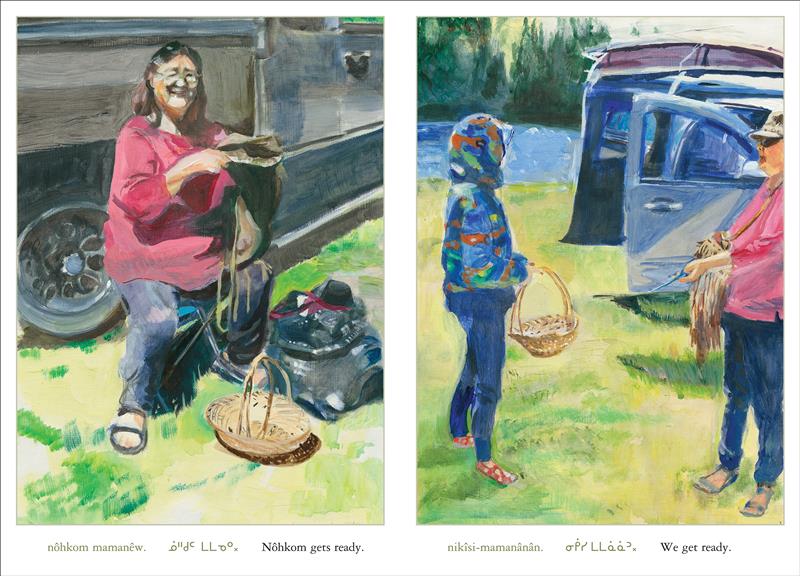  Image 1: A woman looks toward the reader as she sits near a car holding an open bag on her knee. She has medium skin tone, glasses and brown hair. She wears a red top, blue pants and sandals. A basket rests on the ground near her feet. Text: nôhkom mamanêw. ᓅᐦᑯᒼ ᒪᒪᓀᐤ᙮ Nôhkom gets ready. Image 2: A girl holding a basket faces Nôhkom, who wears sunglasses and a hat. The girl’s face is hidden by the hood of her blue, red and green sweatshirt. Text: nikîsi-mamanânân. ᓂᑮᓯ ᒪᒪᓈᓈᐣ᙮ We get ready. 