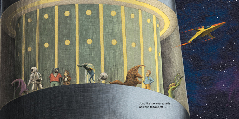  There are stars dotted across a view of space. In front of the stars is a large cylindrical building. The building has alternating stripes and circles of light coming from within it. On a platform around the building are different alien species, an astronaut, a man, a child, and a robot. A red and yellow rocket ship flies past the building. Text: Just like me, everyone is anxious to take off… 