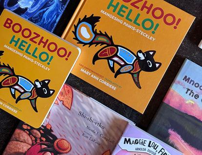 A photo of Indigenous titles from Groundwood books arranged on a concrete backdrop. 