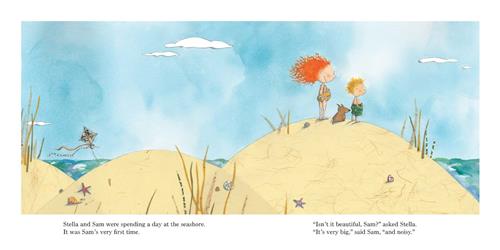  Three sand dunes are beside each other. On one dune are a boy and girl with light skin tone. The girl has red hair and is in a swimsuit. The boy has blond hair and is in swim trunks. A brown dog sits between them. Water can be seen behind the dunes. Text: Stella and Sam were spending a day at the seashore. It was Sam’s very first time. “Isn’t it beautiful, Sam?” asked Stella. “It’s very big,” said Sam, “and noisy.” 