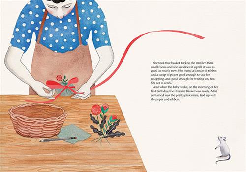  A woman with light skin tone stands at a wooden table. On the table are a woven basket, a piece of paper, a pencil, and a few red flowers. She ties a long red bow around a sachet made of paper with flowers in the center. A mouse stands on its hind legs on the side of the table. Text says that the woman took the basket and cleaned it up. She gets ribbons and scrap paper for wrapping. By the time the baby wakes in the morning, the promise basket is ready. It has the pink stone tied with the paper and ribbon. 
