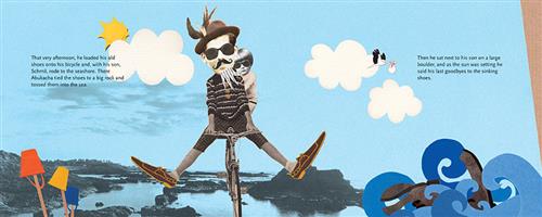  This image is in collage format. A beach has a rocky shore. A man and a boy with light skin tone are on a bike riding along the beach. A pair of old shoes are in the waves. The text says that the man took his son and road to the beach with his old shoes. He ties the shoes to a rock and throws them into the ocean. He says goodbye to the shoes. 