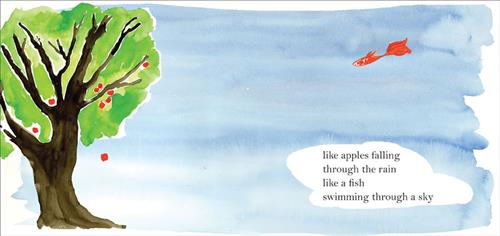  A tree has red fruit in its branches and one is falling from them. The sky is blue behind the tree. A goldfish swims through the blue of the sky. Text: like apples falling through the rain like a fish swimming through a sky. 