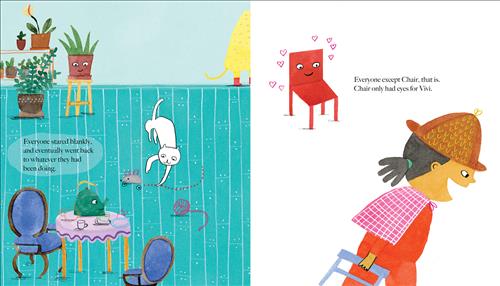  This image is a double page spread. To the left is a room. A figure with a yellow tail wearing red boots is covered in a yellow blanket. To the right is a girl with medium skin tone with a pink and white blanket around her neck. She drags a blue chair. Behind her, a red chair with a face watches her. The chair is surrounded by hand-drawn pink hearts. Text: everyone stared blankly, and eventually went back to whatever they had been doing. Everyone except Chair, that is. Chair only had eyes for Vivi. 