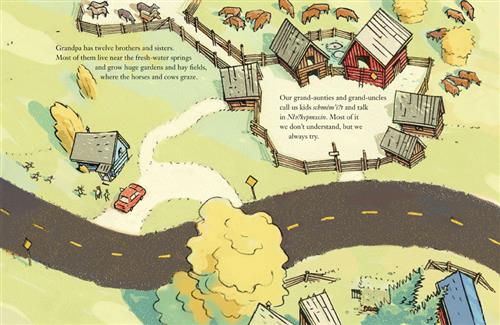  A view from above shows a road winding through farmland. There are houses, barns, horses, and cows. People play in the front yard of one house. Text: Grandpa has twelve brothers and sisters. Most of them live near the fresh-water springs and grow huge gardens and hay fields, where the horses and cows graze. Our grand-aunties and grand uncles call us kids schmém’i?t and talk in Nte?kepmxcin. Most of it we don’t understand, but we always try. 