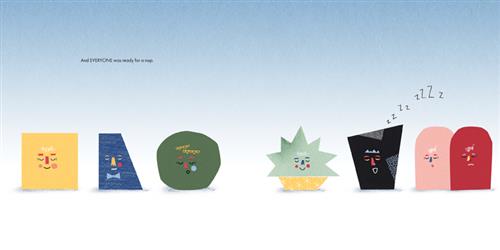  Seven shapes rest on the ground against a blue background. Each shape has their eyes closed. There is a yellow square, a blue polygon, a green circle, a green star with seven points, a black polygon, and two half ovals, one red and one pink. Text: And everyone was ready for a nap. 