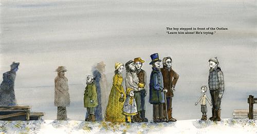  A group of people stand together facing a man and a boy. The boy has his arms out covering the man. Text: The boy stepped in front of the Outlaw. “Leave him alone! He’s trying.” 