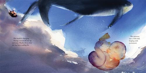  There is light and dark blue water. A whale swims across the light blue water. A baby floats in the dark blue water. The baby has its eyes closed and it is in the fetal position. A small boat is on the waves. Text: her world is changing. Strong currents lift her up and away. Maybe this is what she has been waiting for. She squeezes into a little ball, tingling with excitement. 