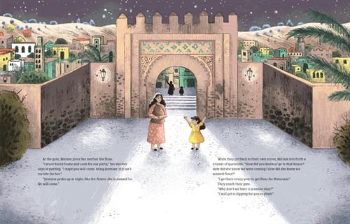 It is nighttime. A large stone wall has an ornate curved entrance with two lamps. Inside is a town with hills behind it. A woman and a girl with medium skin tone stand outside the entrance. The woman carries a brown sack. The girl has her arms in the air. Inside the stone entrance are the silhouettes of a woman and a girl. The woman waves one hand in the air. Stars are in sky. Text says that Miriam's mother is in a hurry to get home and cook for their party. She asks Jasmine's mother to attend. 