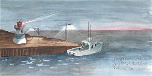  A boat is sailing past the end of a harbour into open water. The sky and the water are deep blue with a small pink stripe of sun separating the two. On the harbour are lit streetlights and a lighthouse. Text: At the wharf, Rocky and Patsy undo the lines and jump on board. The sky is still dark. Harbor lights wink as they sail out. The sea’s voice swells with adventure. There are no walls, only the sun on the rise. Rocky feels as free as a seagull. 