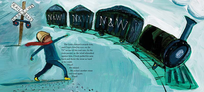  A train has three coal cars piled high. Each car reads N&W on the side. A boy with dark skin tone has one hand lifted and the other raised with a stone. Stones are at his feet. A railroad crossing sign is behind. Text: That train charged towards him, and Chuck fixed his eyes on the “N” on one of the coal cars. As the train passed, as the wind whooshed against him, Chuck pulled his arm back and threw the stone as hard as he could. Thud! He missed. He picked up another stone and tried again. Thud! 