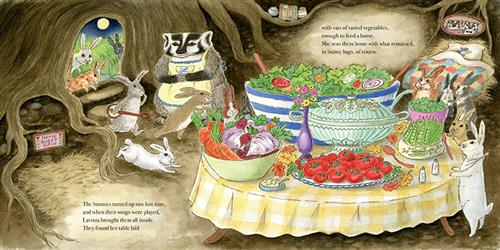  A hollow tree has a room with a large round table in the middle and a bed at one end. On the table are bowls of vegetables. A badger stands by the door. The room is full of rabbits, and more are coming in. It is nighttime and the moon is in the sky. Text: The bunnies turned up one last time, and when their songs were played, Lavinia brought them all inside. They found her table laid with vats of varies vegetables, enough to feed a horse. She sent them home with what remained, in bunny bags, of course. 