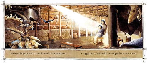  A wooden lodge has beams with plants and pots hanging from the ceiling. A light from the ceiling shines on two people with light skin tone in the middle of the lodge. One holds a baby. To the sides are wooden logs and benches, A fire burns in a circle of rocks on the ground. Text: Within a lodge of broken bark the tender babe was found. A ragged robe of rabbit skin enwrapped his beauty ‘round. 