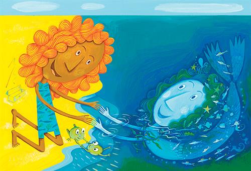 Blue Water laps against the shores of a beach. On the beach is a person with medium skin tone and orange curly hair. They are reaching their arms out to someone in the water. A blue mermaid with green hair is in the water, and they reach their arms out to the person on the beach. Little fish, starfish, seahorses, a tiny octopus, and a tiny jellyfish surround the mermaid. Two frogs, one on the beach and another in the water, are also reaching their arms out to each other. 