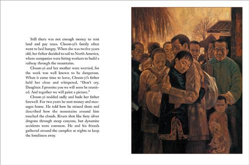  People with medium skin tone stand together. They watch a man and a girl with medium skin tone hug. Everyone has a slight frown. The text says that Choon-yi’s family did not have money for land and taxes, so her dad went to North America when she was twelve. Companies in North America were hiring people to build a railway. The girl and her mother worry because the work is dangerous, but her father says not to cry- he will be back. He sends money and messages for two years. He tells them of his time there. 