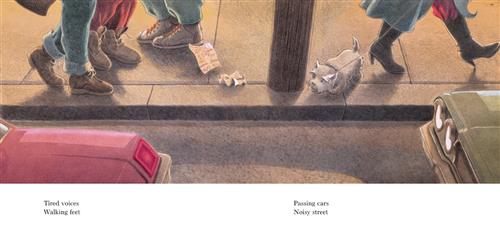  The view of a curb of sidewalk also shows a small portion of both the street and the sidewalk. The sides of a car’s bumper and another’s hood are on the street. The bottoms of people’s pants and shoes are visible on the sidewalk. A small dog is on the curb by a thick wooden pole. Paper lays on the curb on the other side of the pole. Text: Tired voices walking feet passing cars noisy street. 