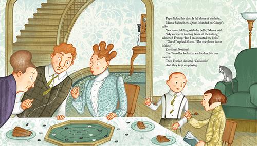  A living room opens to a hall with a staircase. A dining table is at one end of the room. Two women, a man, a boy, and a girl with light skin tone are at the table with plates of chocolate cake. A game with a green board and small discs is on the table. The girl reads a book. The text says the parents are playing. The mother says not to touch the phone’s bells. The daughter says she reconnected them. The mother says the phone is their lifeline. The phone rings. They look around and go back to playing games. 