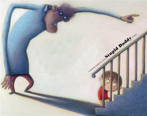  A man with the face and stance of a gorilla stands in front of a staircase. He has one arm raised and points toward the top of the stairs. A boy with light skin tone stands in his shadow while on the first two steps. The boy has wide eyes, a furrowed brow, and a straight mouth. The boy is looking back towards the man. Text: A thunder-daddy isn’t fun. Stupid Daddy, I think. 