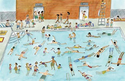  A large public pool is fenced in and has a building to one side with two doors, one labelled “boys” and the other labelled “girls”. Adults and children fill the pool swimming and standing alone and with others. The area around the pool has people standing, walking, sitting, and lying on beach towels. A lifeguard sits in a tall lifeguard chair at one end of the pool. 