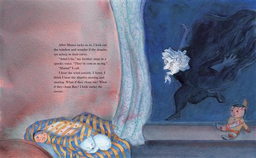  A girl with light skin tone is in bed at night. She looks out the open window. Outside is a figure with a white face, white hair, a white beard, and wide eyes in all black. Text: After Mama tucks us in, I look out the window and wonder if the abuelos are asleep in their caves. “Amelia,” my brother sings in a spooky voice. “They’re coming.” “Mama!” I call. I hear the wind outside. I listen. I think I hear the abuelos snoring and snoring. What if they chase me? What if they chase Ray? I hide under the covers. 
