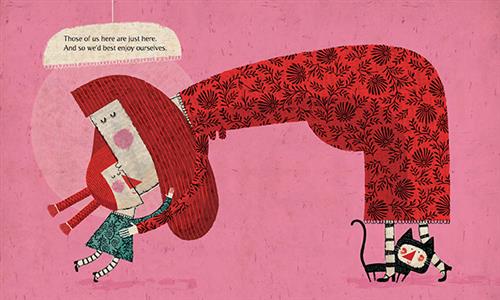  A woman with light skin tone bends down to kiss a girl with light skin tone. They both have red hair. The woman is pregnant. A cat walks between her feet. Text: Those of us here are just here. And so we’d best enjoy ourselves. 