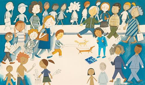  A crowd of people walk on a sidewalk and on the street. They walk in different directions and are doing various activities like walking dogs, reading, and listening to music. 