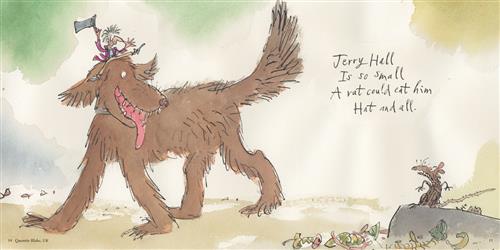  A brown dog walks while its mouth hangs open. On its head is a man with light skin tone. He tips his top hat. The man and the dog look over at a brown rat sitting on a rock. Around the rock are food scraps. Text: Jerry Hall is so small a rat could eat him hat and all. 