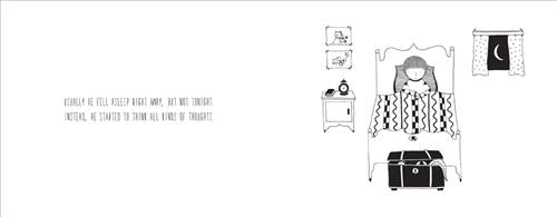  This image is in black and white. In a bedroom there is a bed, nightstand, a toy chest, and a window. A boy sits upright in the bed. The moon shines through the window. Text: Usually he fell asleep right away, but not tonight. Instead, he started to think all kinds of thoughts. 