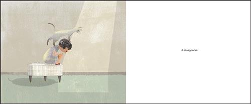  A white ottoman sits in a room with a green floor and beige walls. A girl with light skin tone is perched on top of the ottoman. A white and grey cat stands on the head and back of the girl. They are both looking down at a strip of light cast down from the ceiling onto the floor. Text: It disappears. 