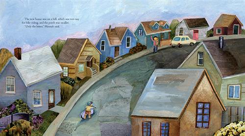  Small homes line either side of a curved street on a hill. At the top of the street is a person with medium skin tone with one arm in the air. Further down the hill is a child who is walking a bike up the hill. Text: The new house was on a hill, which was not easy for bike riding, and the porch was smaller. “Only the bitter,” Hannah said. 