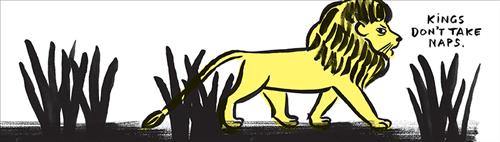  A yellow lion with a long mane walks through black grass. Text: Kings don’t take naps. 