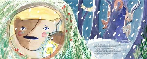  It is nighttime. It snows in a forest. A bear looks out a window in a green hill. He holds a candle in a clear bucket. Forest animals peek from behind trees to watch the bear. Text: Bear looked out the window. He saw that snowflakes were falling and the afternoon was growing dark. “No one is coming,” he said sadly. When he had almost given up hope, Bear saw Dear peeking out from behind a tree. With him were Beaver and Fox. Chickadee, Hare and Squirrel were there, too. “What will they do?” Bear wondered. 