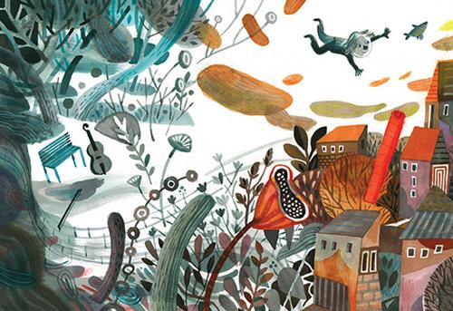  A neighbourhood of orange and purple houses has a blend of green and grey plants, trees, and flowers flying past it. The trees and plants take up the page on the left and the neighbourhood takes up the page on the right. A boy floats in the air above the neighbourhood, and a fish floats in front of him. On the ground, in the middle of the plants and trees, are a bench and a cello. 