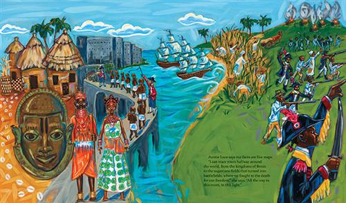  A man and woman with dark skin tone are on a bridge in tribal clothing. Behind, people with dark skin tone have chains on them by two men in uniform. Beside the bridge are huts by a mask statue. Across water is a field. People with dark skin tone harvest goods. Soldiers with dark skin tone have weapons. The text says the Aunt says their faces are like maps she can trace from the kingdoms of Bernin to the sugarcane fields that turned into battle fields, where they fought for freedom, to the room they’re in. 