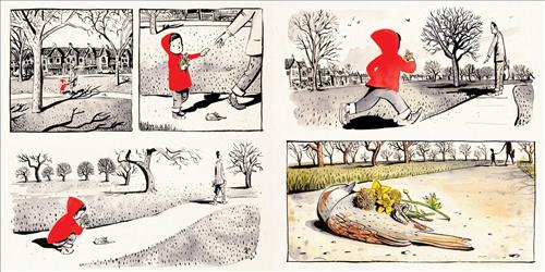  This image is in shades of black and white. Three long shelves line a large window inside a room. Each shelf is full of things like jars, collectables, books, and other knick-knacks. Some items are in bright colours. A cat on a chair looks out the window. Plants are on the floor. Outside of the window is a man and a girl. The girl has light skin tone and is wearing a red hoodie. She looks into the window. The man holds a cellphone to his ear. 