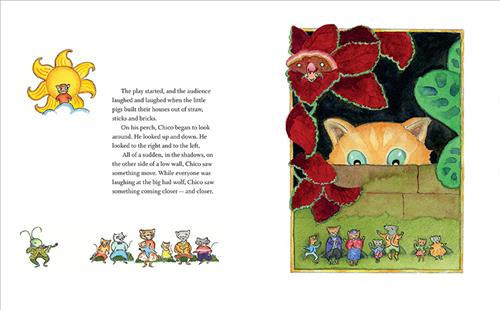  This image is a double page spread. To the left are mice sitting in grass. An insect beside them plays the violin in a blazer. The sun shines with a small mouse in front of it. The text says a play has started. The audience laughs. Chico looks from a perch and sees something moving closer while the audience is distracted by the wolf on stage. To the right, mice sit in the grass. A wall is behind them. An orange cat peaks over the wall. Large leaves are on either side of the wall. 