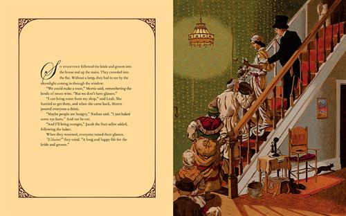  A line of six people are on a staircase in a foyer. More stand below. First is a man in a top hat and tuxedo. Next is a woman in a wedding dress with a bouquet. The text says everyone followed the bride and groom inside and up the stairs. They see by the moonlight. They want to make a toast but have no glasses. A woman runs to her shop to get some. The baker says he just made bread, and runs to get it. The fruit seller goes to get oranges. When everyone is back, they raise a glass to the bride and groom. 