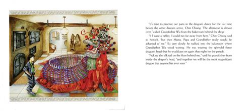  A room has ovens on a wall. In the middle is a person in a dragon costume of many colours. A big dragon head is on their head. The tail is upright and runs on the floor in a circle. A boy with light skin tone is beside the tail and looks at the person. His hands are in his pockets. The text says Chin Chiang’s grandfather wants him to practice the dragon’s dance again, but he wants to run away. He goes to the bakeroom and picks up the silk trail of the costume behind the dragon’s head. 