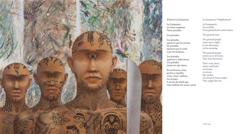  Five bald men with light skin tone stand together. Each has one eye above his nose, and tattoos all over. The man in front has a large knife. Text: La Campanera has no bells. It has painted men and women. The painted ones. The painted people come out at night, in the afternoon, in the morning. The painted people come out at all hours. They have hard eyes. Their arms, faces, chests and backs are homes to tattoos like snakes. I’m afraid of those snakes. They might bite me. Text repeats in Spanish. 
