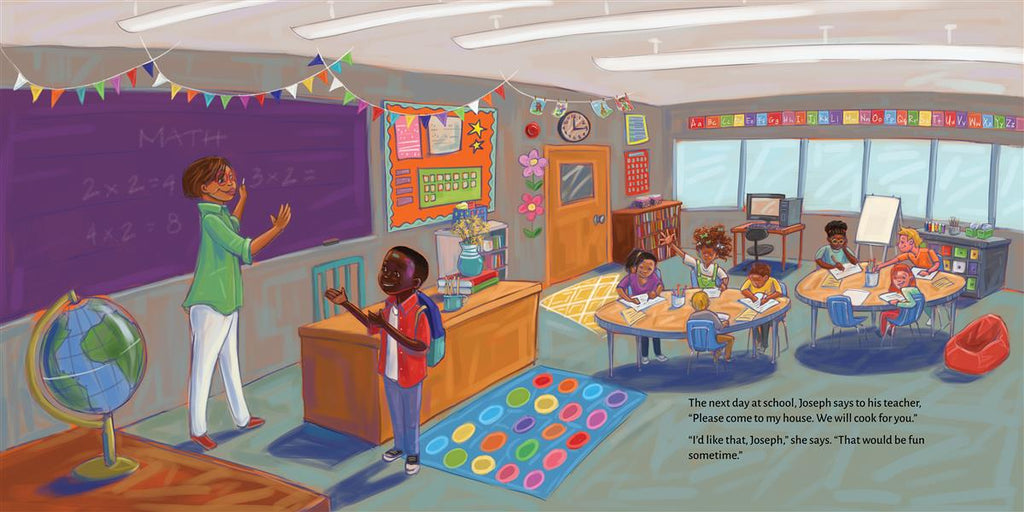  Stairs are on the side of a building by a window. A boy with dark skin tone is in the window with a hand behind his head. A girl with dark skin tone slides down the stair rail. She has a hand and a leg in the air. The air behind her spells 