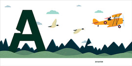  Small, grassy hills border tall, pointy mountains that are dark blue. A giant capital “a” stands among the mountains in dark blue as well. In the air are two geese and a propeller plane. Text: Aviator. 