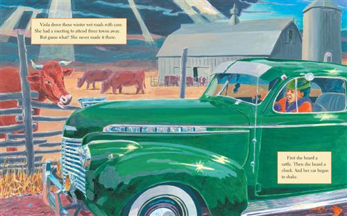  It is cloudy and the sun shines through the clouds in small sections. A road passes a farm with many brown cows and a barn in the field. A woman with dark skin tone drives a green car down the road. Text: Viola drove those winter wet roads with care. She had a meeting to attend three towns away. But guess what? She never made it there. First she heard a rattle. Then she heard a clunk. And her car began to shake. 