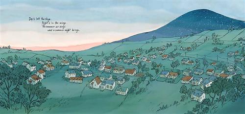  A grassy valley is beside a mountain. A neighborhood of houses sits in the valley. The mountain is blue with stars on it. The sky is orange and blue. Text: Day’s left the stage. Night’s in the wings. The summer air sings what a summer night brings. 