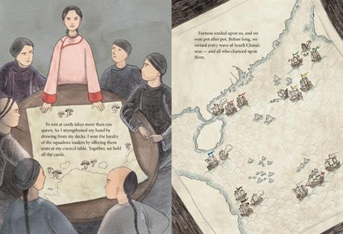  This image is a double page spread. To the left, a group of people wearing black and grey sit at a round table. At the head of a table is a woman standing with her hands on the table, spreading out a map. She wears pink garments. The text says she got the loyalty of squadron leaders by giving them seats on her council. Together they are strong. To the right is a map of the seas with ships illustrated on it. The text says fate allowed them to win many pots and they owned south China’s seas and its sailors. 