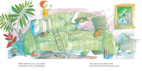  A living room has a large green couch. To the side are plants, a picture, and a stool with a goldfish. A small ladder rests against the couch and a brown dog lays on a cushion. Toys are on the floor and the couch. A toddler with light skin tone and red hair stands on the top of the couch holding a branch. She has one hand raised above her eyes. Text: When Stella was very, very small, she lived in a very, very big house. She could see the whole world from the top of the living-room couch. 