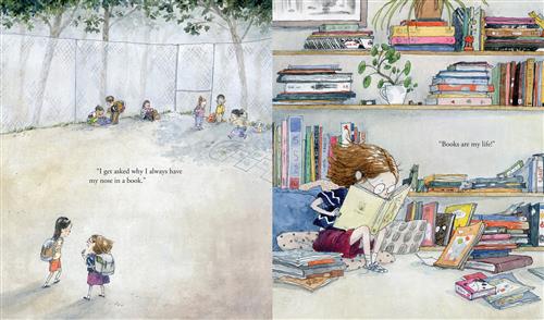  This image is a double page spread. To the left, a child stands alone in a school yard. Another child stands at a distance and points at them. To the right, a child stands and holds a ball under one arm. Text: I can think of better things to ask than if I’m a boy or a girl. “What a question!” 