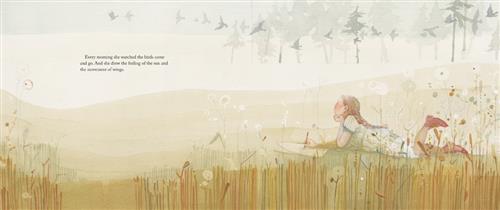  A field has grass in shades of gold with many dandelions. Beyond the field are trees in a clearing with birds flying above. A girl lies down on her stomach in the field. She rests her chin in her hand while holding a pencil over a piece of paper. She has one foot in the air. Text: Every morning she watched the birds come and go. And she drew the feeling of the sun and the movement of wings. 