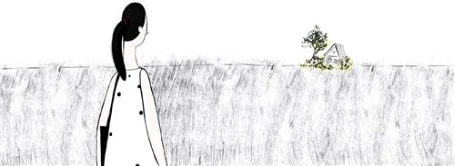  There is a large field in shades of black and white. A single house beside a tree sits in the field.  The house and tree are lined in yellow. A woman with light skin tone stands watching the house. She has a ponytail and is wearing a polka dot dress. 